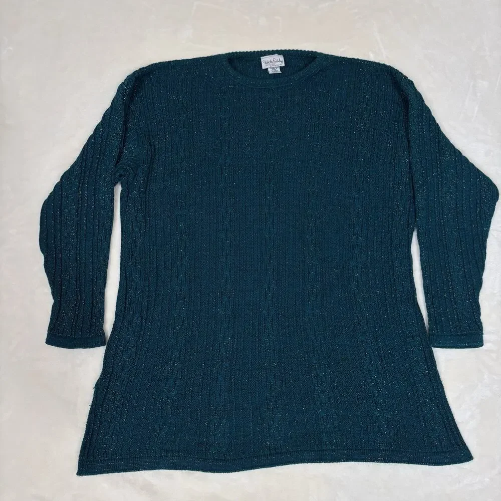 Vintage Diane Von Furstenburg Teal Green Metallic Cable Knit Sweater Womens 1X2\